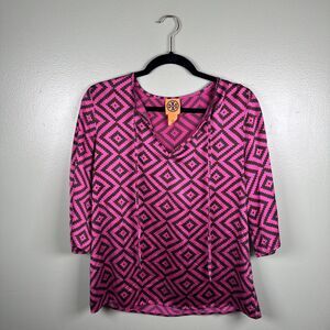 Tory‎ Burch Stephanie Women’s Size 12 Geometric Aztec Tunic Blouse 100% Silk